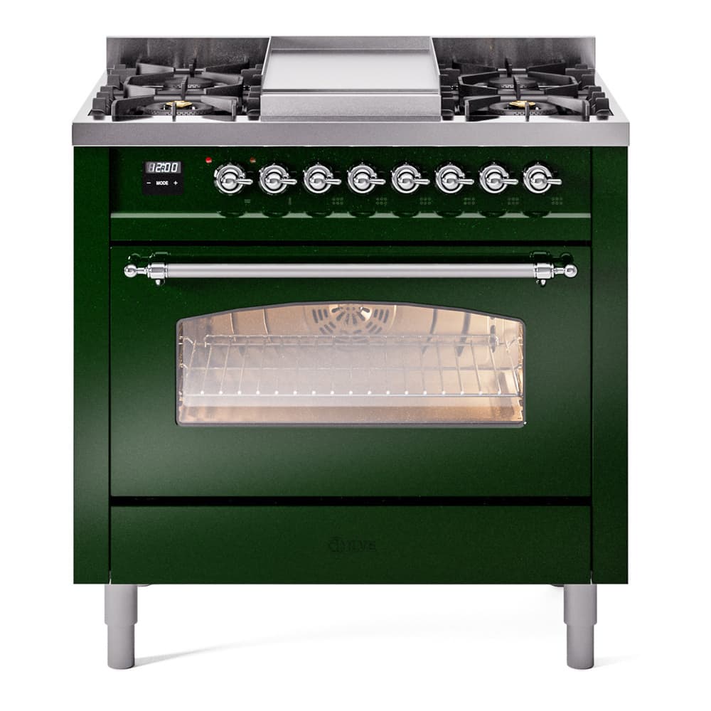 Nostalgie II 36 UP36FNMPEGC Freestanding Dual Fuel Range with 6 Sealed Burners with Griddle Single Oven with Triple Glass Door with Chrome knobs