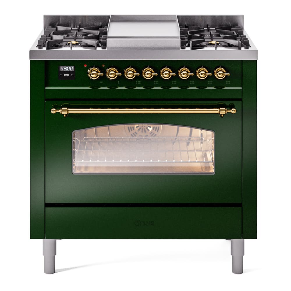 Nostalgie II 36 UP36FNMPEGG Freestanding Dual Fuel Range with 6 Sealed Burners with Griddle Single Oven with Triple Glass Door with Brass knobs