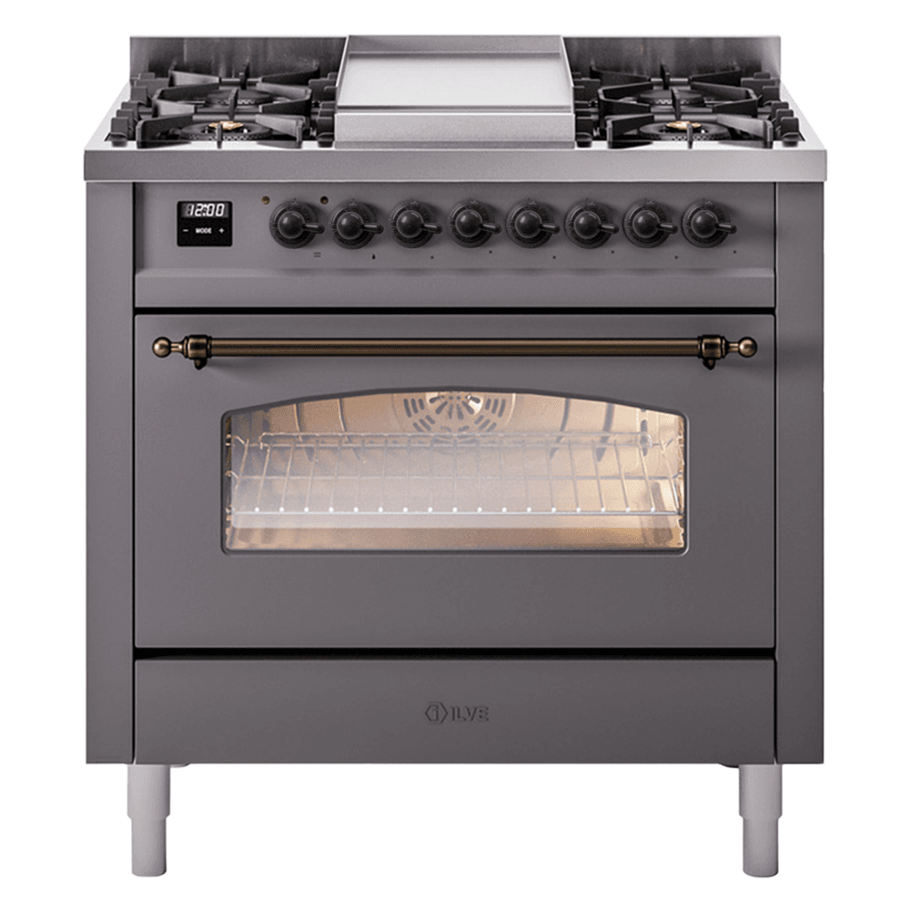 Nostalgie II 36 UP36FNMPMGB Freestanding Dual Fuel Range with 6 Sealed Burners with Griddle Single Oven with Triple Glass Door with Bronze knobs