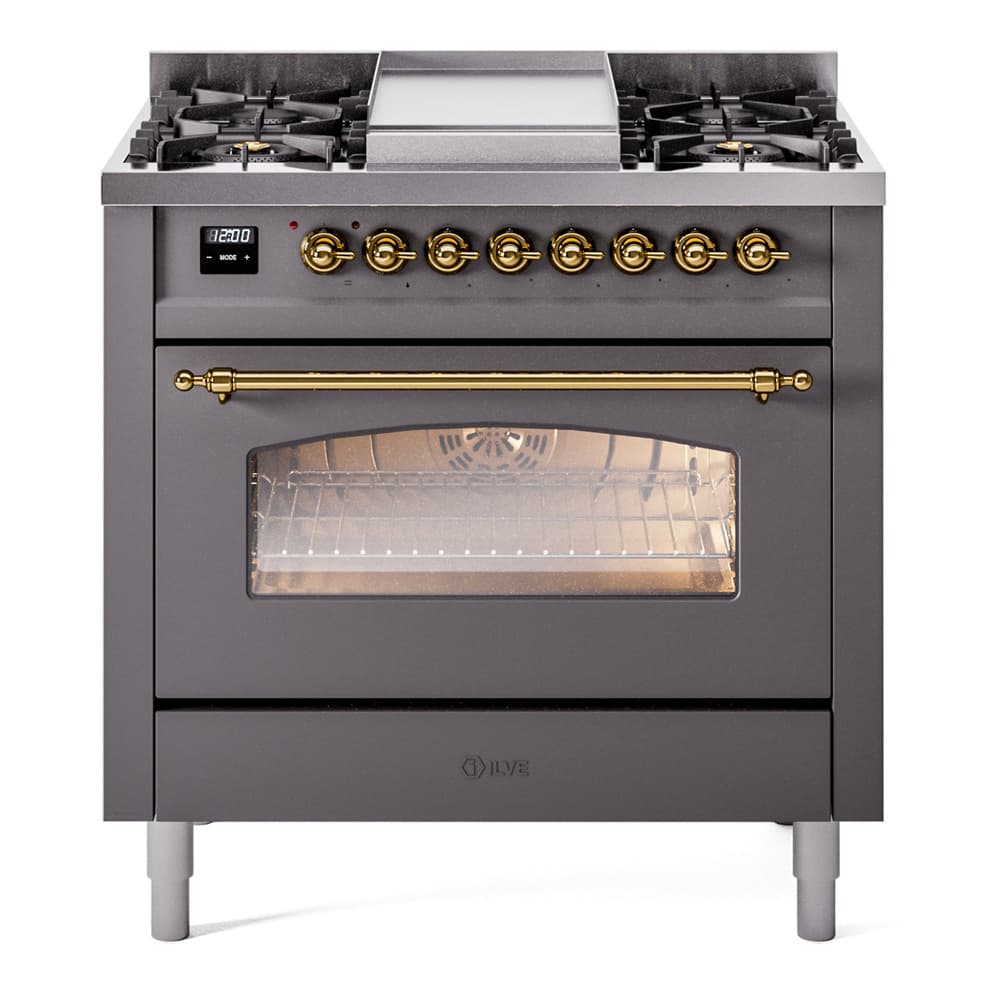 Nostalgie II 36 UP36FNMPMGG Freestanding Dual Fuel Range with 6 Sealed Burners with Griddle Single Oven with Triple Glass Door with Brass knobs