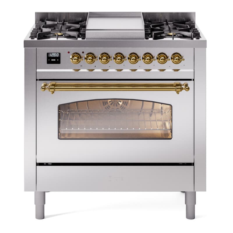 Nostalgie II Series 36 inch Freestanding Dual Fuel Range with Liquid Propane, 6 Sealed Burners, 3.5 cu. ft. Total Oven Capacity, Griddle, Convection Oven, Continuous Grates, Storage Drawer, with Brass Trim