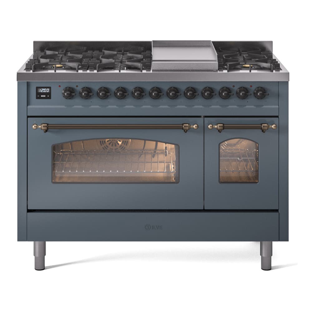 Nostalgie II 48 UP48FNMPBGB Freestanding Dual Fuel Range with 8 Sealed Burners with Griddle Double Oven with Triple Glass Door with Bronze knobs