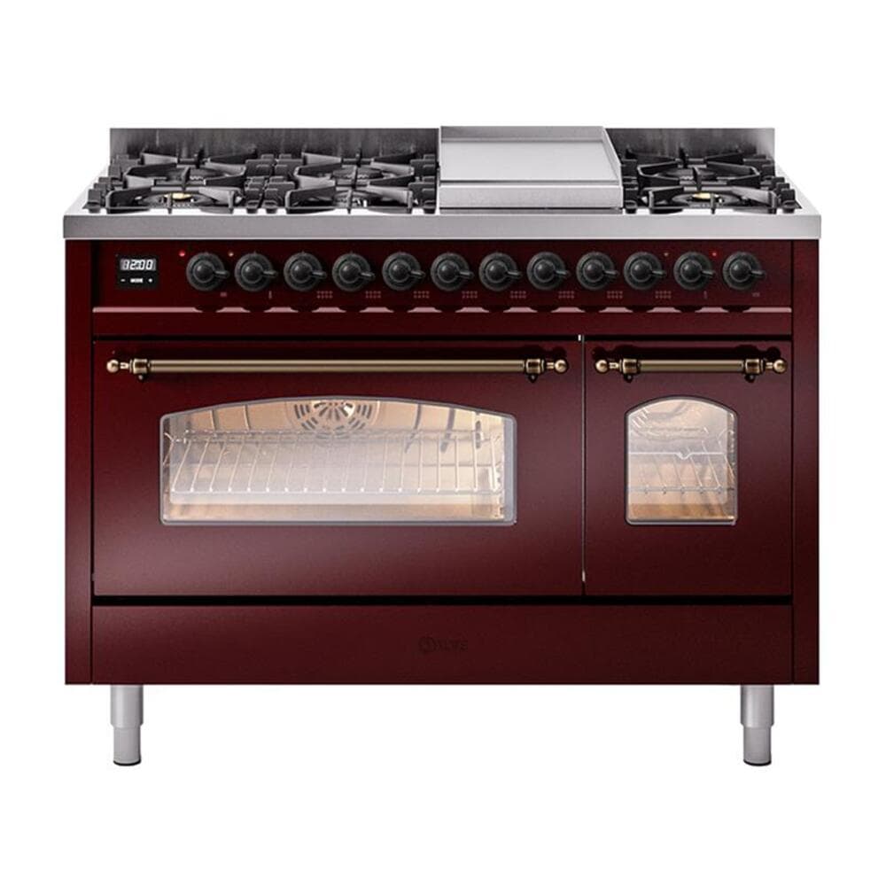 Nostalgie II 48 UP48FNMPBUB Freestanding Dual Fuel Range with 8 Sealed Burners with Griddle Double Oven with Triple Glass Door with Bronze knobs