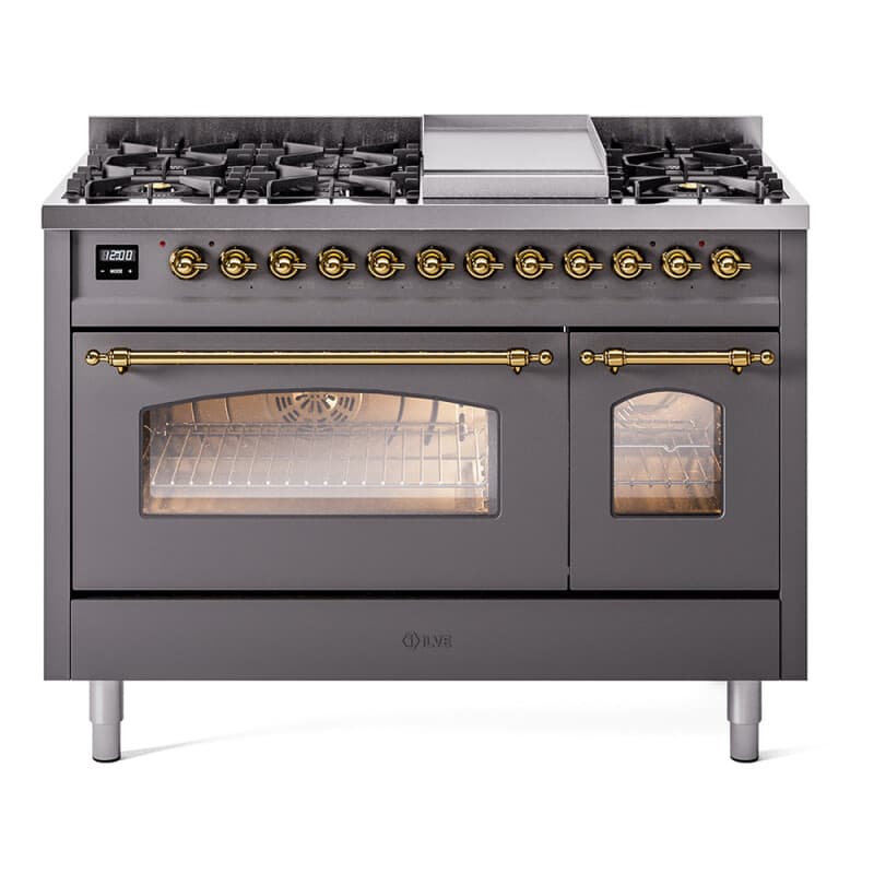 Nostalgie II 48 UP48FNMPMGG Freestanding Dual Fuel Range with 8 Sealed Burners with Griddle Double Oven with Triple Glass Door with Brass knobs