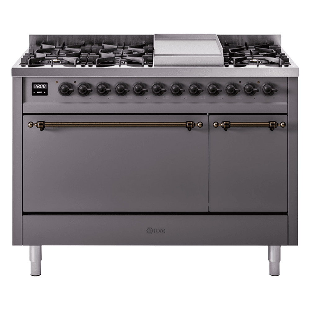 Nostalgie II 48 UP48FQNMPMGB Freestanding Dual Fuel Range with 8 Sealed Burners with Griddle Double Oven with Solid Door with Bronze knobs