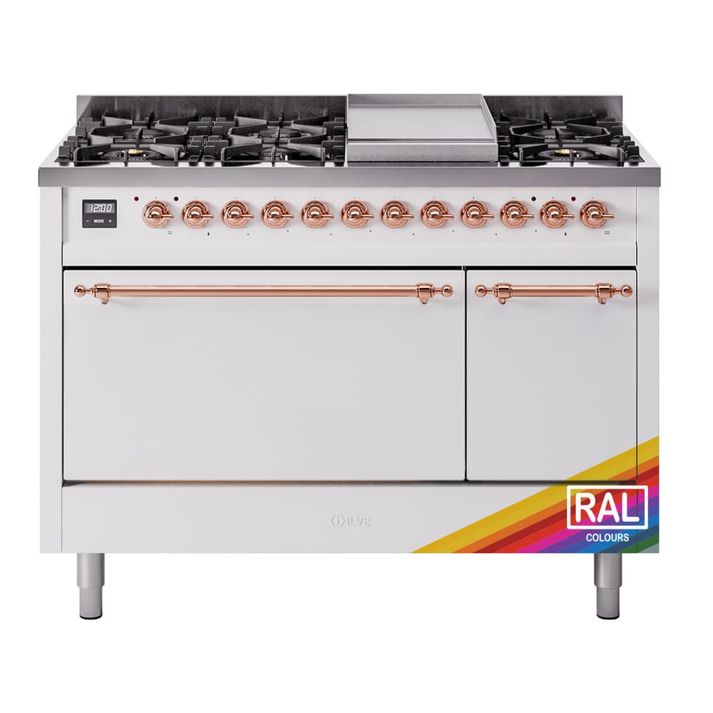 Nostalgie II 48 UP48FQNMPRAP Freestanding Dual Fuel Range with 8 Sealed Burners with Griddle Double Oven with Solid Door with Copper knobs