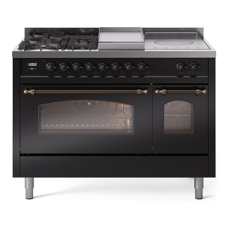 Nostalgie II 48 UP48FSNMPBKB Freestanding Dual Fuel Range with 5 Sealed Burners with Griddle and French Top Double Oven with Triple Glass Door with Bronze knobs