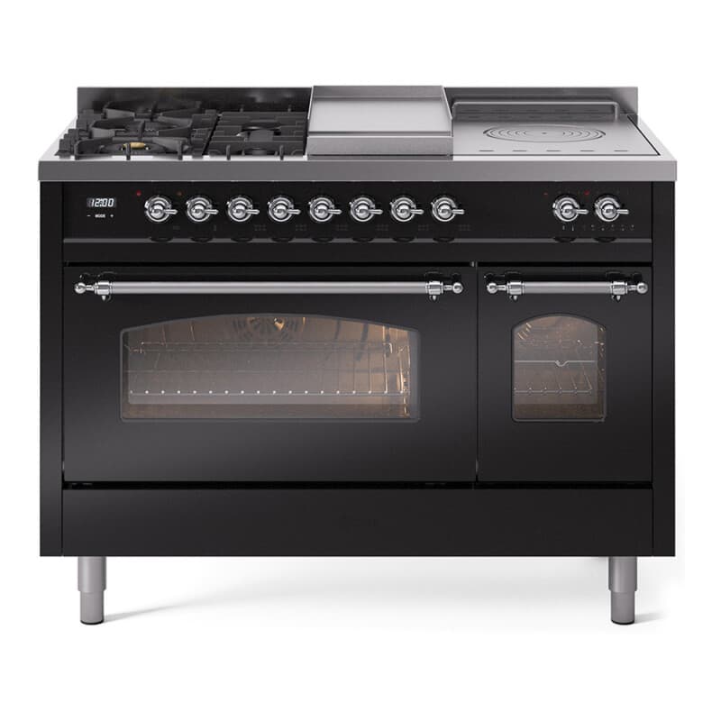 Nostalgie II 48 UP48FSNMPBKC Freestanding Dual Fuel Range with 5 Sealed Burners with Griddle and French Top Double Oven with Triple Glass Door with Chrome knobs
