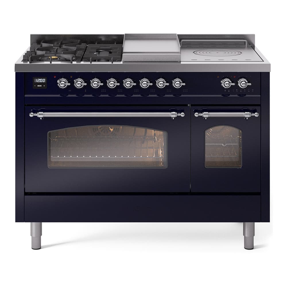 Nostalgie II 48 UP48FSNMPMBC Freestanding Dual Fuel Range with 5 Sealed Burners with Griddle and French Top Double Oven with Triple Glass Door with Chrome knobs