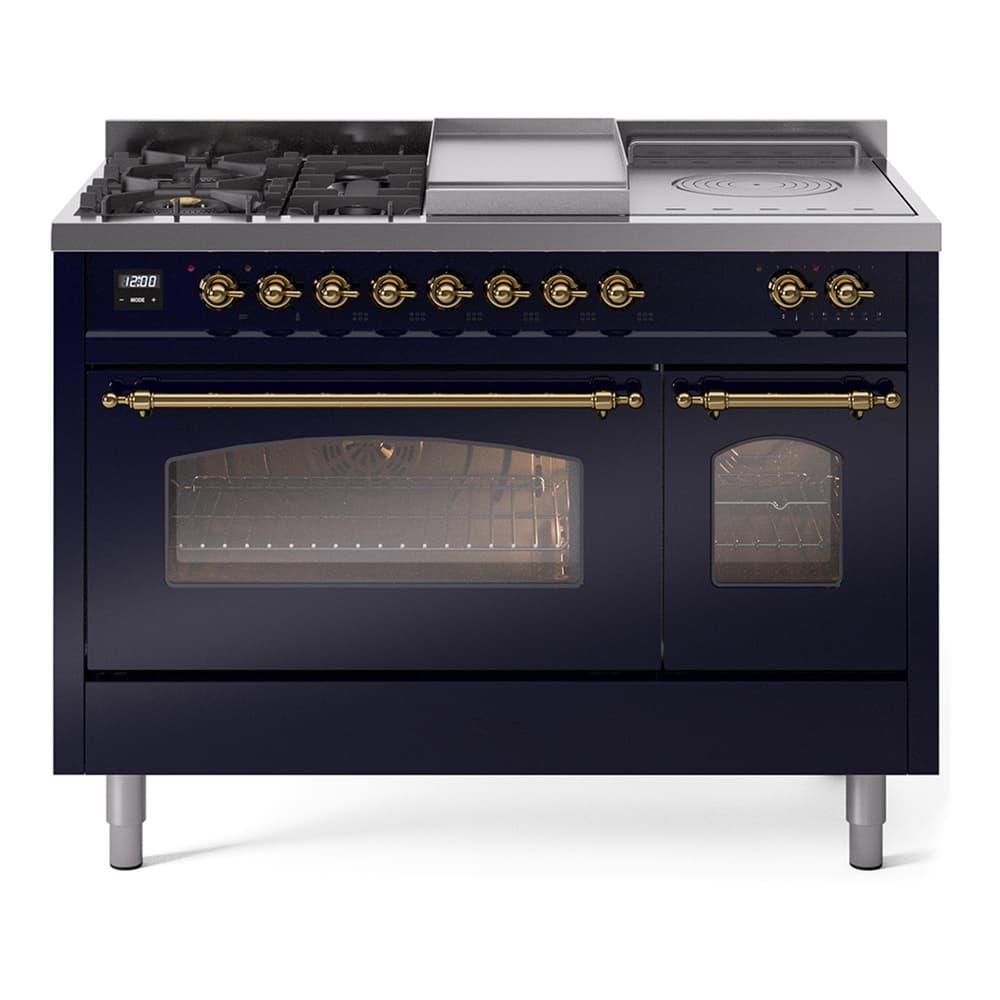 Nostalgie II 48 UP48FSNMPMBG Freestanding Dual Fuel Range with 5 Sealed Burners with Griddle and French Top Double Oven with Triple Glass Door with Brass knobs