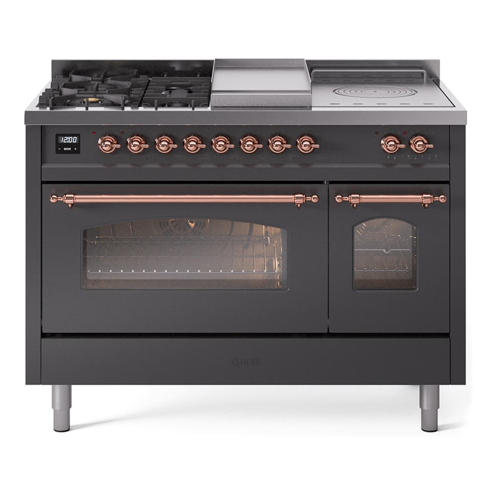 Nostalgie II 48 UP48FSNMPMGP Freestanding Dual Fuel Range with 5 Sealed Burners with Griddle and French Top Double Oven with Triple Glass Door with Copper knobs
