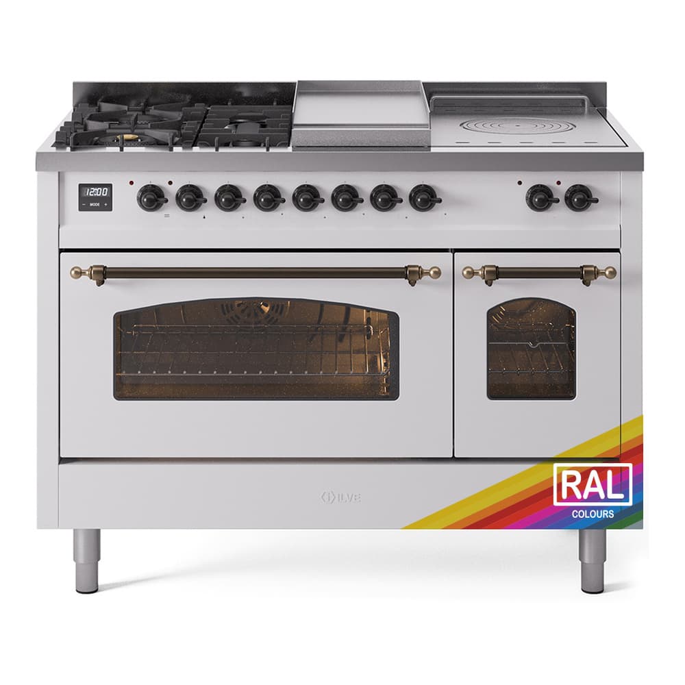 Nostalgie II 48 UP48FSNMPRAB Freestanding Dual Fuel Range with 5 Sealed Burners with Griddle and French Top Double Oven with Triple Glass Door with Bronze knobs