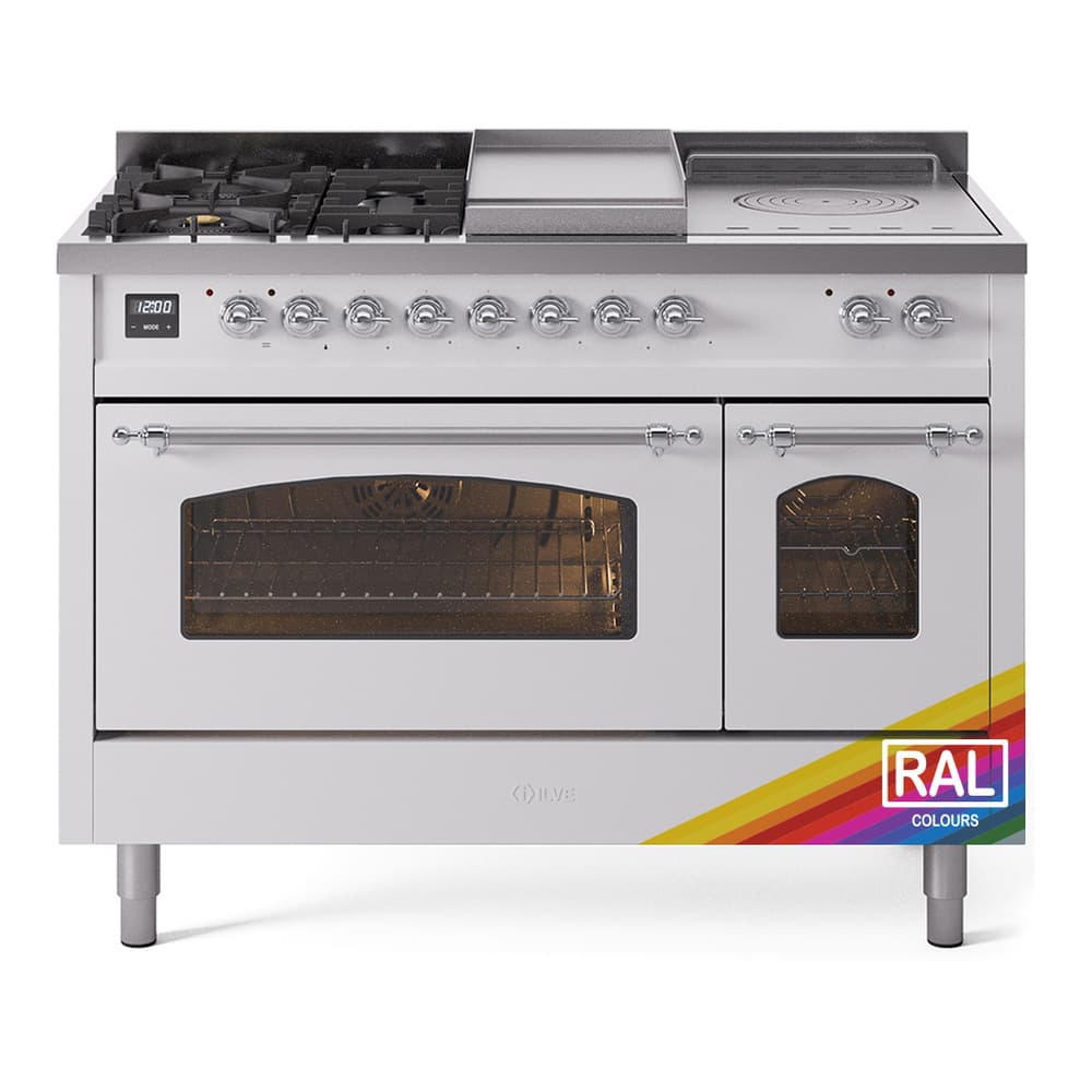 Nostalgie II 48 UP48FSNMPRAC Freestanding Dual Fuel Range with 5 Sealed Burners with Griddle and French Top Double Oven with Triple Glass Door with Chrome knobs