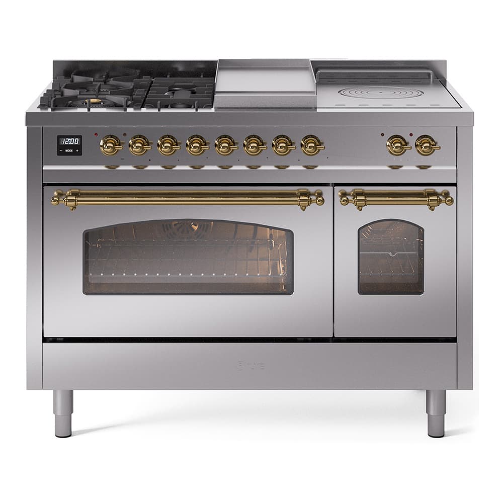 Nostalgie II 48 UP48FSNMPSSG Freestanding Dual Fuel Range with 5 Sealed Burners with Griddle and French Top Double Oven with Triple Glass Door with Brass knobs