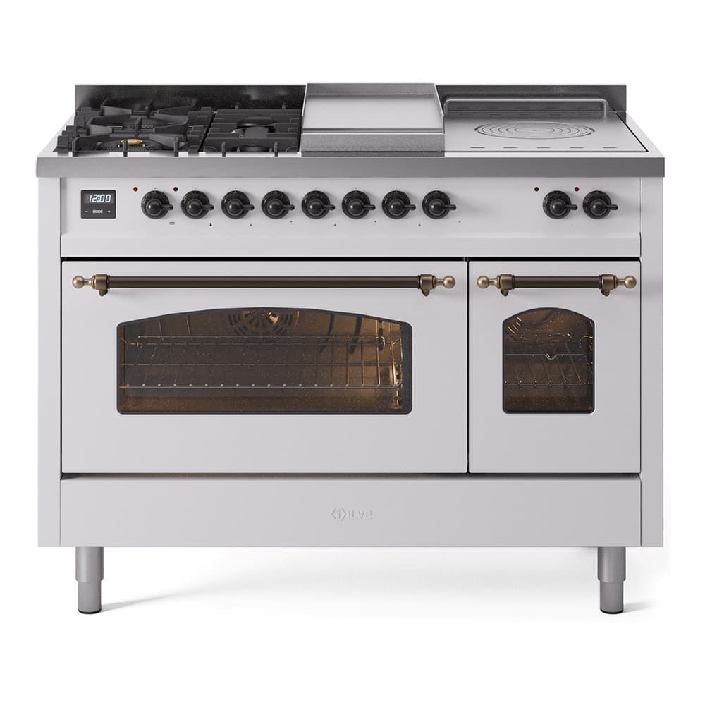 Nostalgie II 48 UP48FSNMPWHB Freestanding Dual Fuel Range with 5 Sealed Burners with Griddle and French Top Double Oven with Triple Glass Door with Bronze knobs