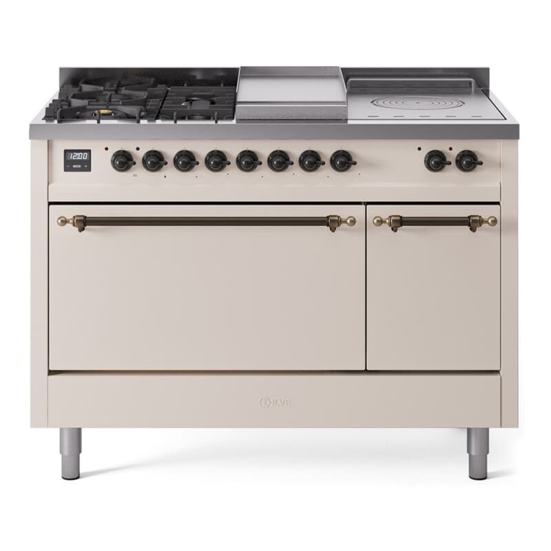 Nostalgie II 48 UP48FSQNMPAWB Freestanding Dual Fuel Range with 5 Sealed Burners with Griddle and French Top Double Oven with Solid Door with Bronze knobs