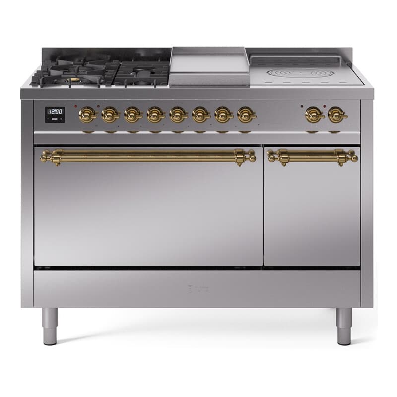Nostalgie II 48 UP48FSQNMPSSG Freestanding Dual Fuel Range with 5 Sealed Burners with Griddle and French Top Double Oven with Solid Door with Brass knobs