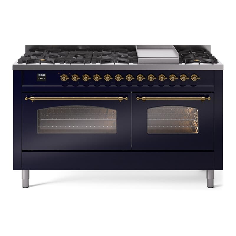 Nostalgie II 60 UP60FNMPMBG Freestanding Dual Fuel Range with 9 Sealed Burners with Griddle Double Oven with Triple Glass Door with Brass knobs