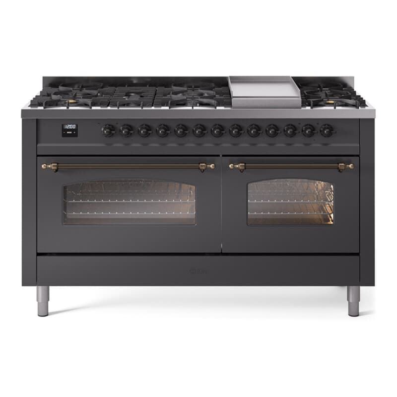 Nostalgie II 60 UP60FNMPMGB Freestanding Dual Fuel Range with 9 Sealed Burners with Griddle Double Oven with Triple Glass Door with Bronze knobs