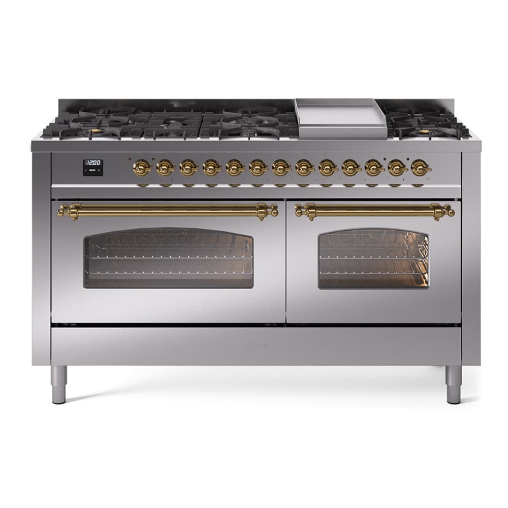 Nostalgie II 60 UP60FNMPSSG Freestanding Dual Fuel Range with 9 Sealed Burners with Griddle Double Oven with Triple Glass Door with Brass knobs