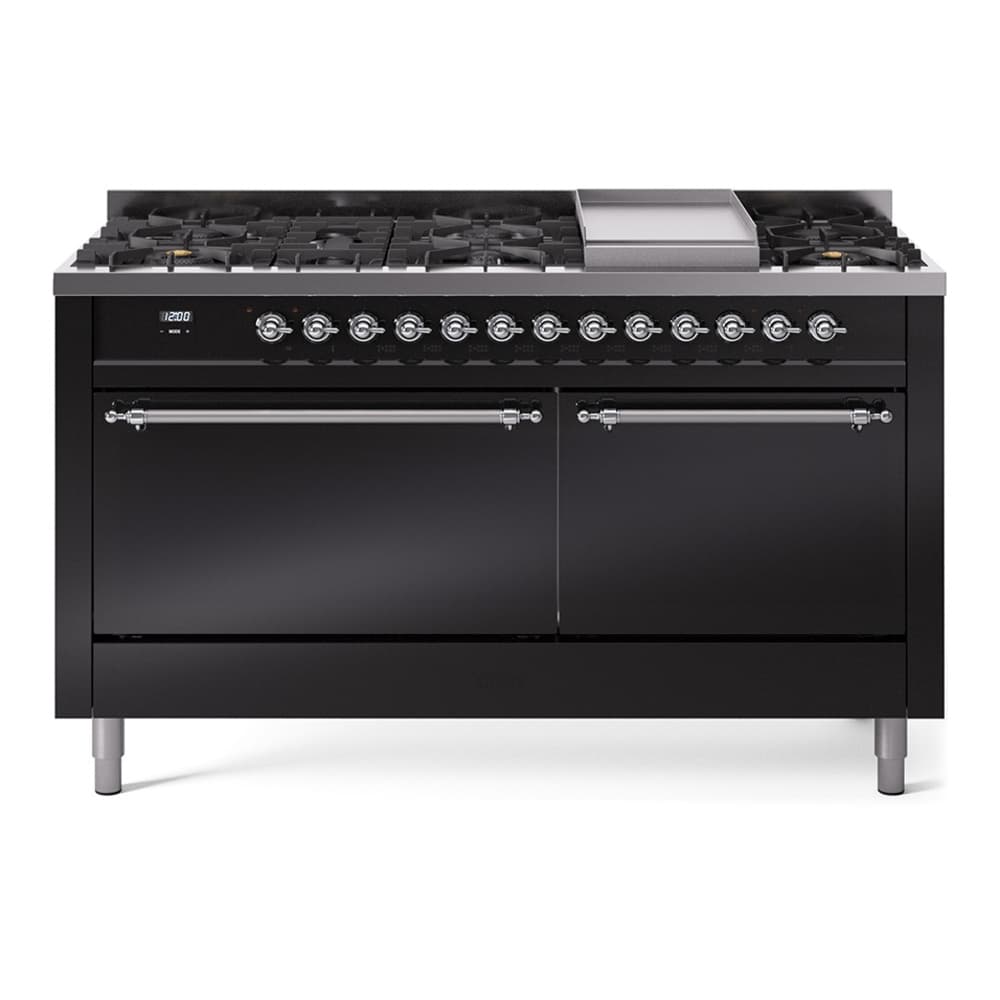 Nostalgie II 60 UP60FQNMPBKC Freestanding Dual Fuel Range with 9 Sealed Burners with Griddle Double Oven with Solid Door with Chrome knobs