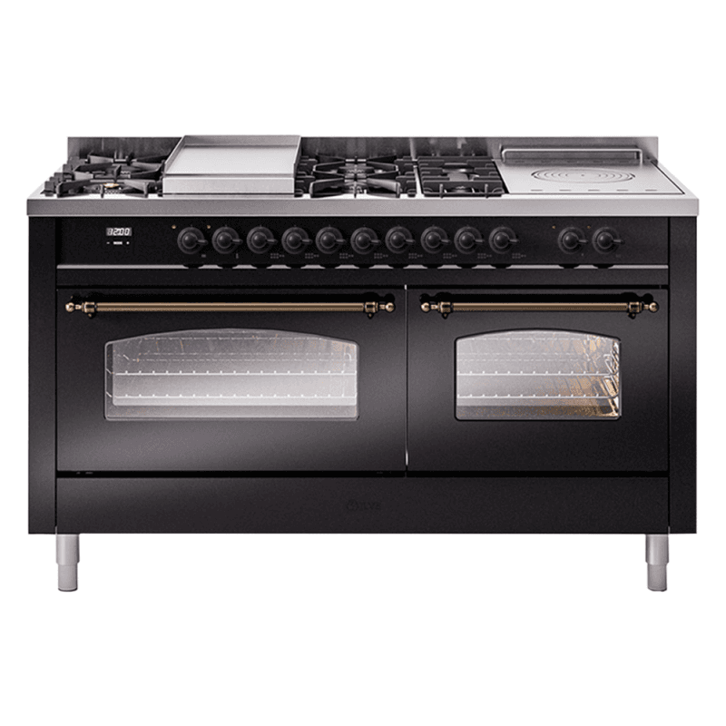 Nostalgie II 60 UP60FSNMPBKB Freestanding Dual Fuel Range with 7 Sealed Burners with Griddle and French Top Double Oven with Triple Glass Door with Bronze knobs