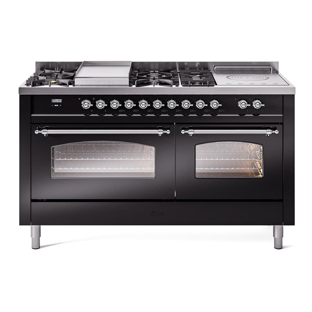 Nostalgie II 60 UP60FSNMPBKC Freestanding Dual Fuel Range with 7 Sealed Burners with Griddle and French Top Double Oven with Triple Glass Door with Chrome knobs