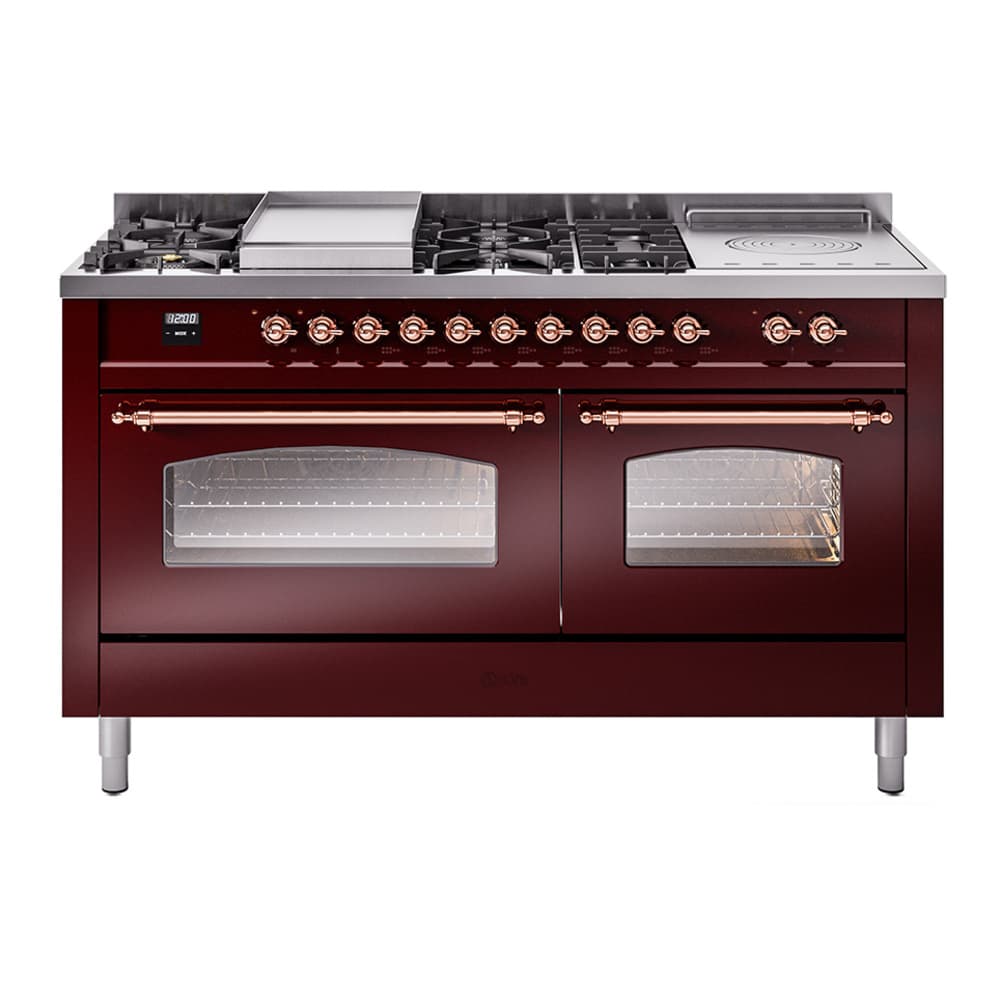 Nostalgie II 60 UP60FSNMPBUP Freestanding Dual Fuel Range with 7 Sealed Burners with Griddle and French Top Double Oven with Triple Glass Door with Copper knobs