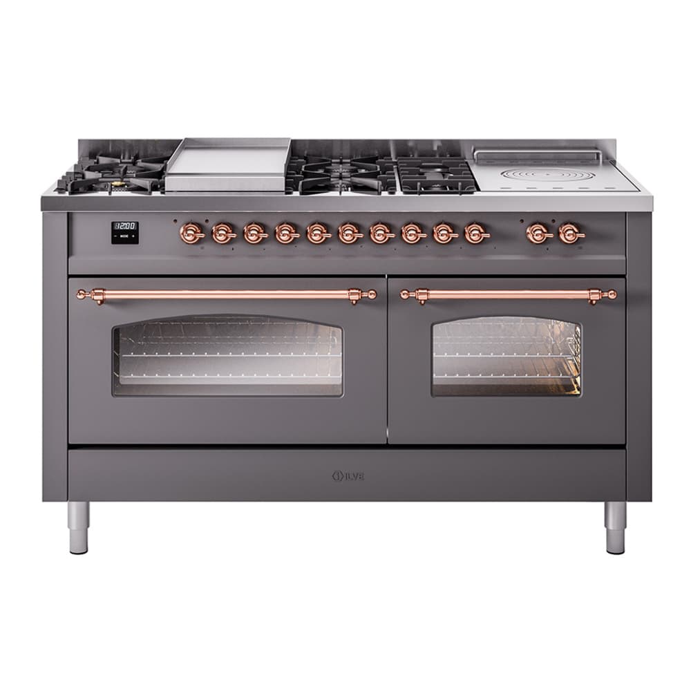 Nostalgie II 60 UP60FSNMPMGP Freestanding Dual Fuel Range with 7 Sealed Burners with Griddle and French Top Double Oven with Triple Glass Door with Copper knobs