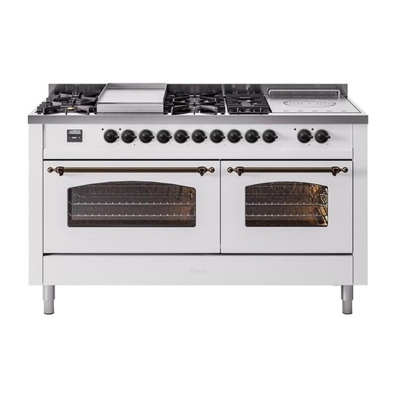 Nostalgie II 60 UP60FSNMPWHB Freestanding Dual Fuel Range with 7 Sealed Burners with Griddle and French Top Double Oven with Triple Glass Door with Bronze knobs