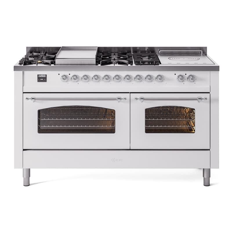 Nostalgie II 60 UP60FSNMPWHC Freestanding Dual Fuel Range with 7 Sealed Burners with Griddle and French Top Double Oven with Triple Glass Door with Chrome knobs