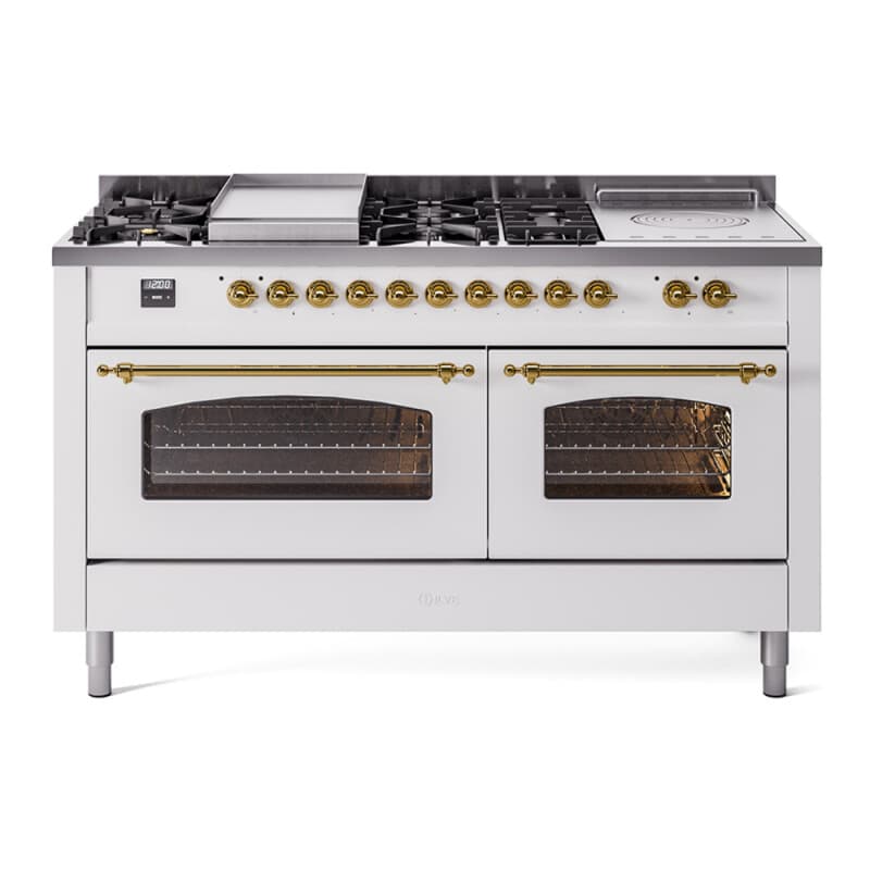 Nostalgie II Series 60 inch Freestanding Dual Fuel Range with Natural Gas, 7 Sealed Burners, Double Ovens, 5.8 cu. ft. Total Oven Capacity, Griddle, French Top, Convection Oven, Continuous Grates, Viewing Window, Storage Drawer with Brass Trim