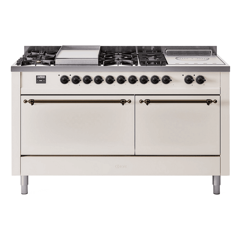 Nostalgie II 60 UP60FSQNMPAWB Freestanding Dual Fuel Range with 7 Sealed Burners with Griddle and French Top Double Oven with Solid Door with Bronze knobs