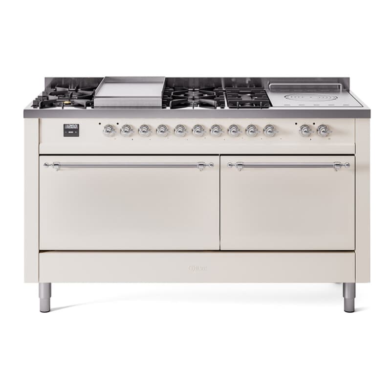Nostalgie II 60 UP60FSQNMPAWC Freestanding Dual Fuel Range with 7 Sealed Burners with Griddle and French Top Double Oven with Solid Door with Chrome knobs