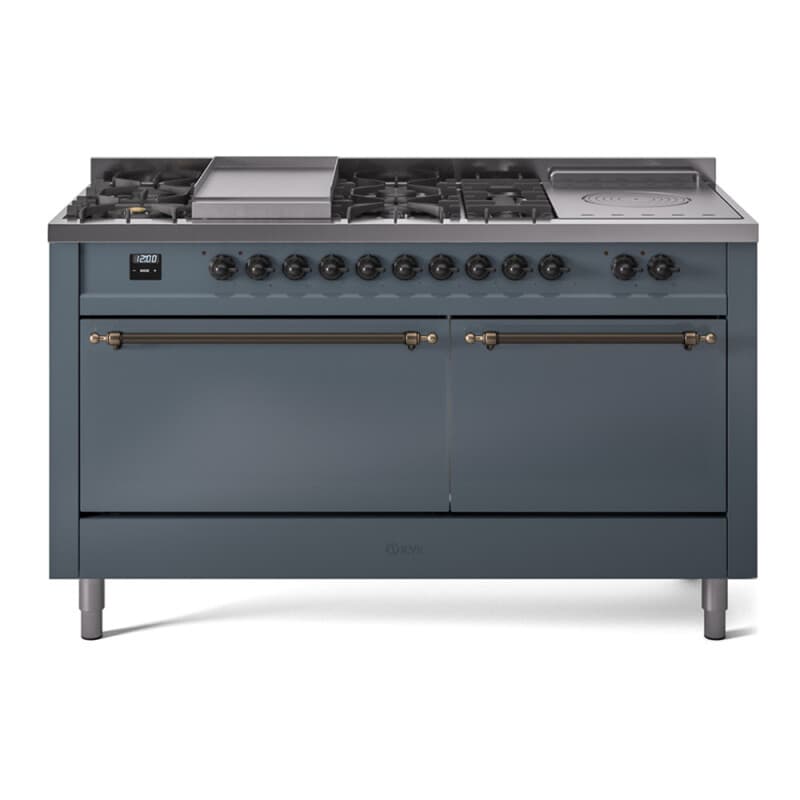 Nostalgie II 60 UP60FSQNMPBGB Freestanding Dual Fuel Range with 7 Sealed Burners with Griddle and French Top Double Oven with Solid Door with Bronze knobs