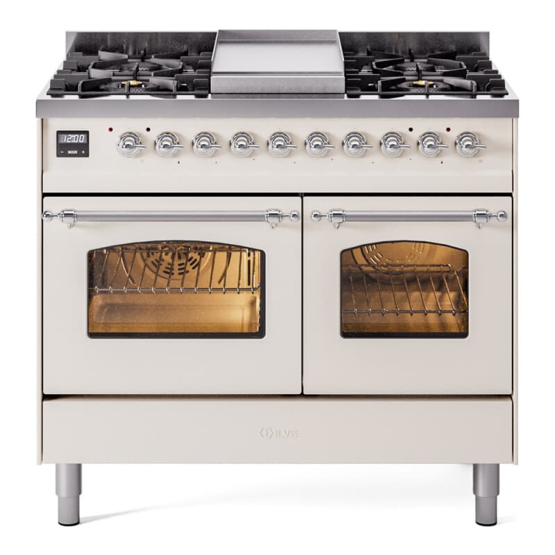 Nostalgie II 40 UPD40FNMPAWC Freestanding Dual Fuel Range with 6 Sealed Burners with Griddle Double Oven with Triple Glass Door with Chrome knobs