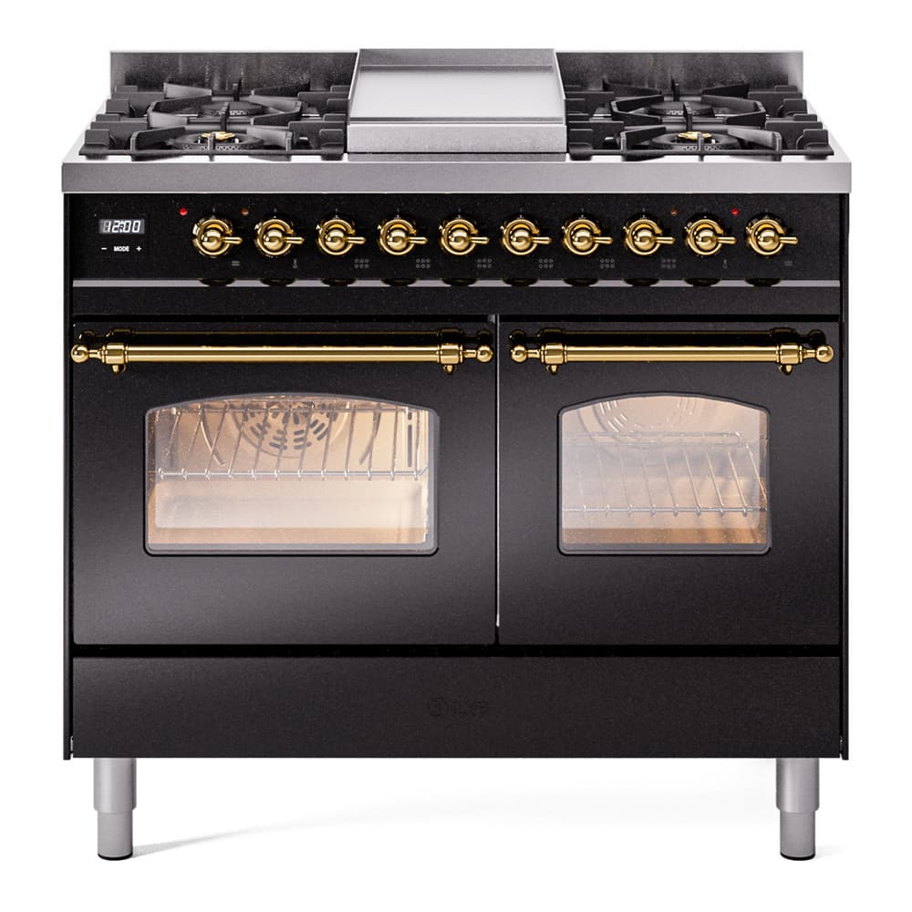 Nostalgie II Series 40 inch Freestanding Dual Fuel Range with Natural Gas, 6 Sealed Burners, Double Ovens, 4.3 cu. ft. Total Oven Capacity, Griddle, Convection Oven, Continuous Grates, Storage Drawer with Brass Trim