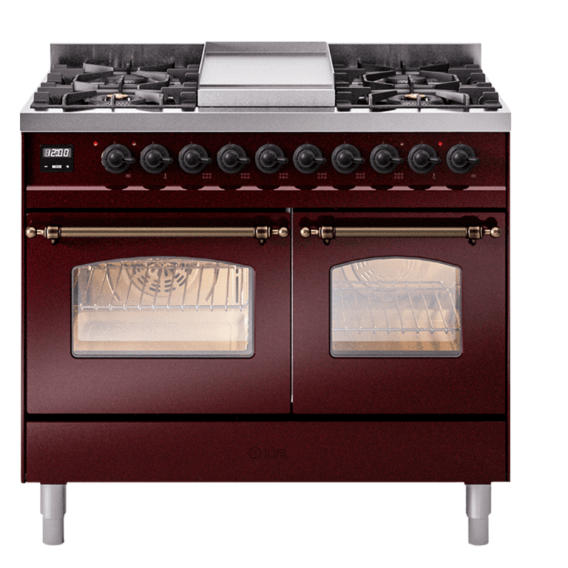 Nostalgie II 40 UPD40FNMPBUB Freestanding Dual Fuel Range with 6 Sealed Burners with Griddle Double Oven with Triple Glass Door with Bronze knobs