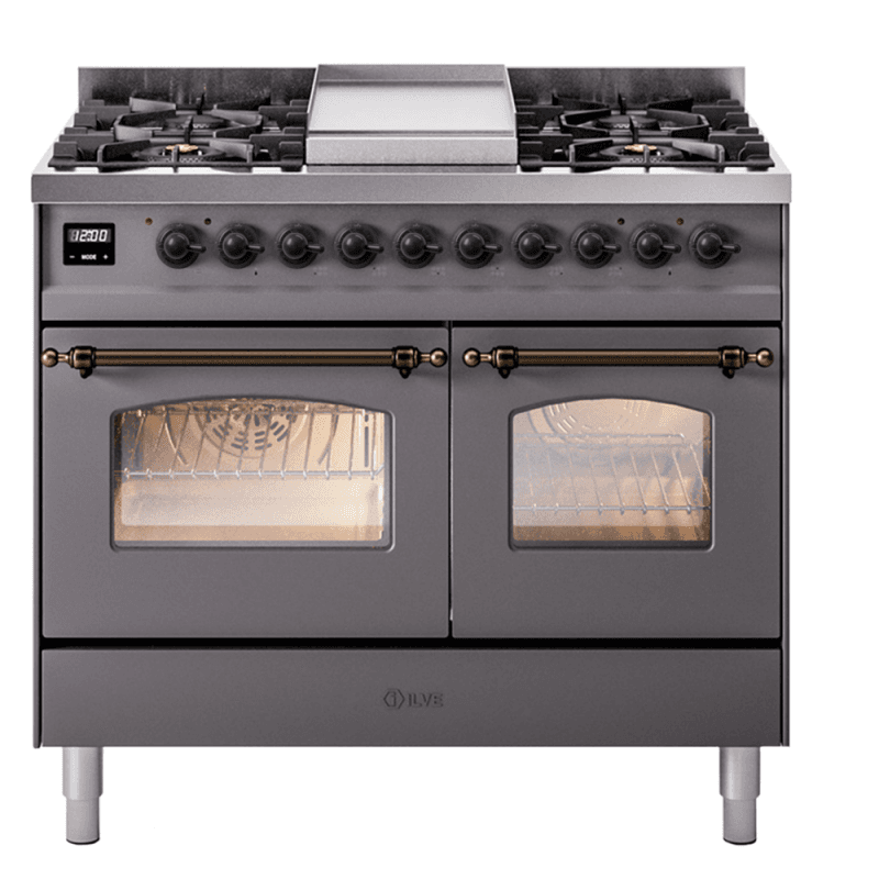 Nostalgie II 40 UPD40FNMPMGB Freestanding Dual Fuel Range with 6 Sealed Burners with Griddle Double Oven with Triple Glass Door with Bronze knobs