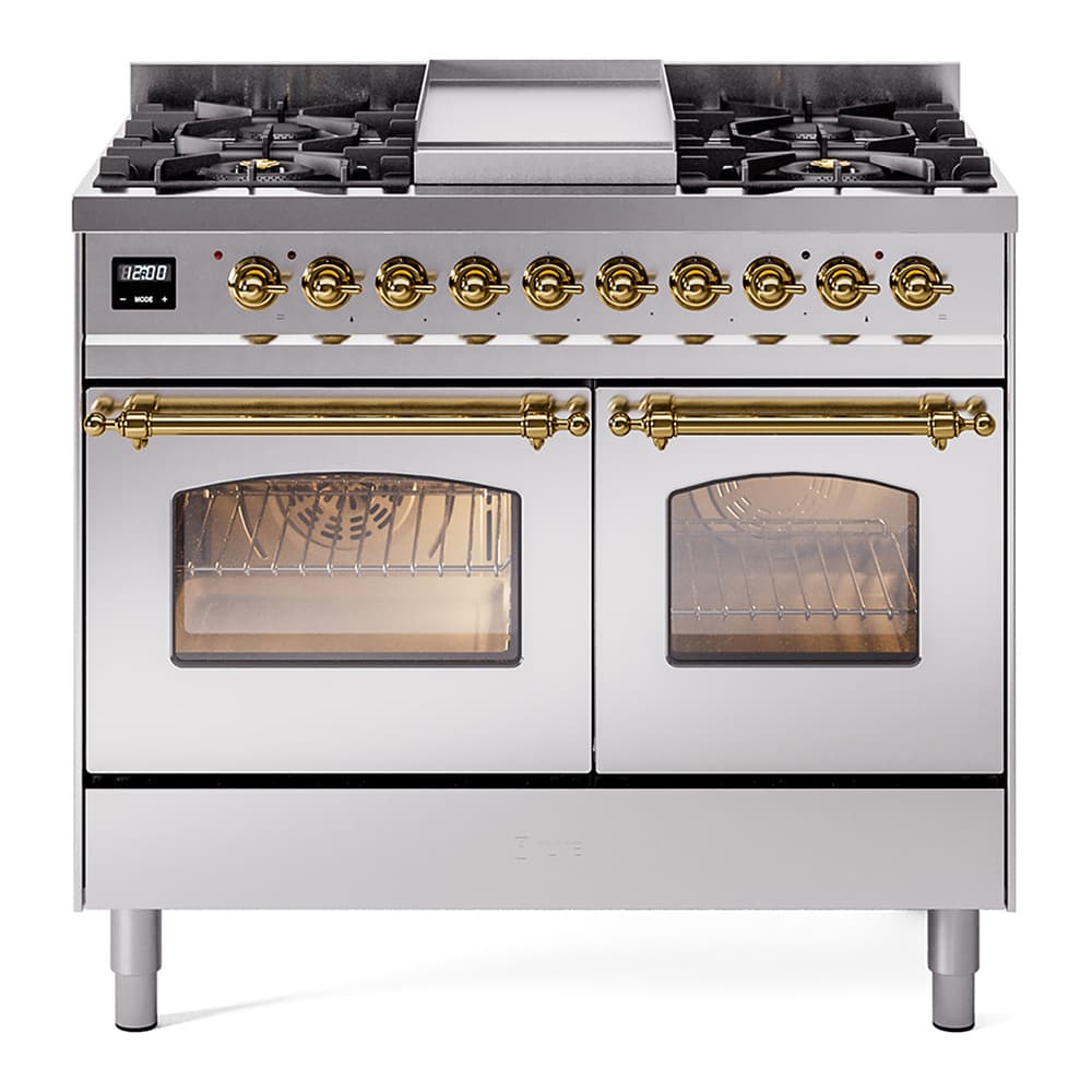 Nostalgie II 40 UPD40FNMPSSG Freestanding Dual Fuel Range with 6 Sealed Burners with Griddle Double Oven with Triple Glass Door with Brass knobs