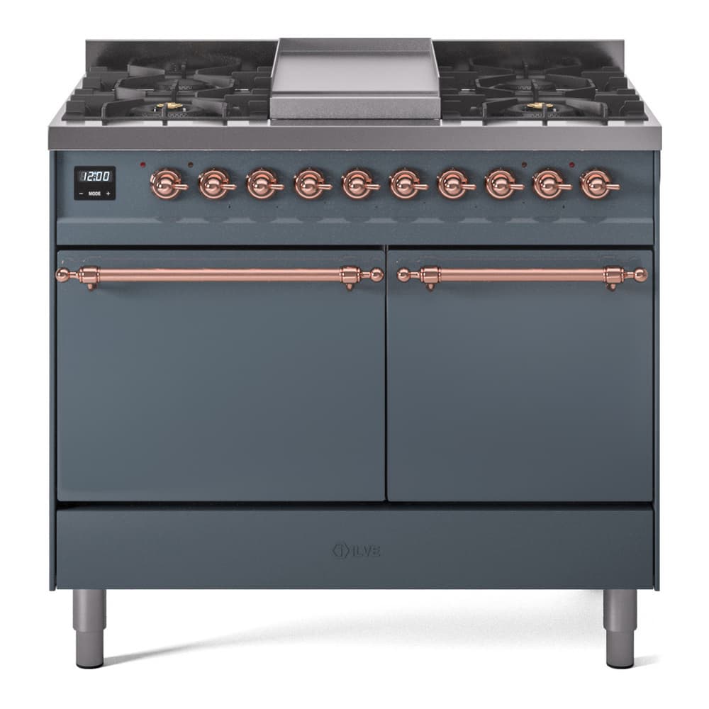 Nostalgie II 40 UPD40FQNMPBGP Freestanding Dual Fuel Range with 6 Sealed Burners with Griddle Double Oven with Solid Door with Copper knobs