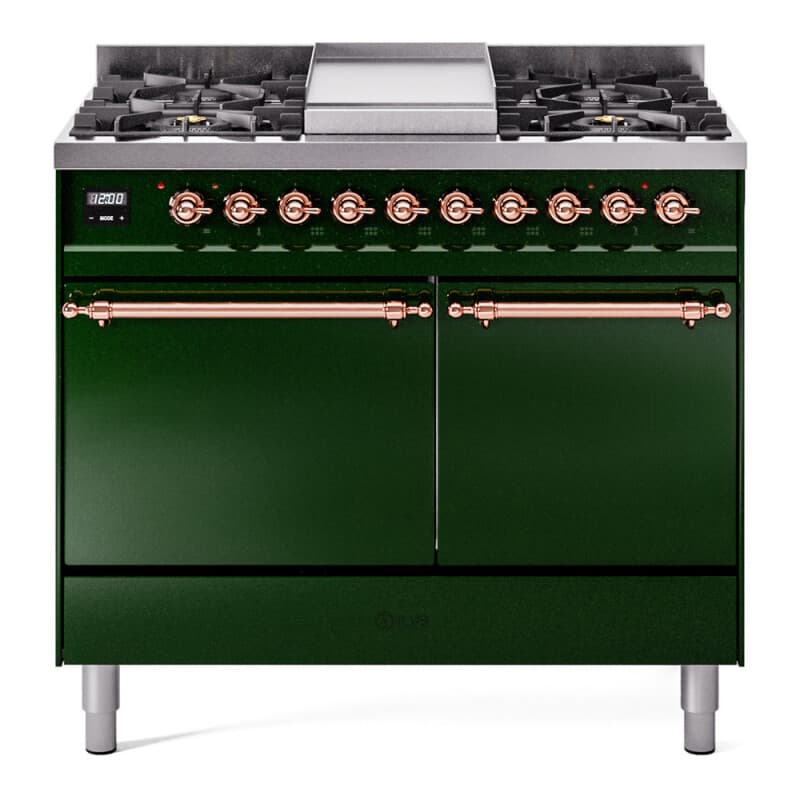 Nostalgie II 40 UPD40FQNMPEGP Freestanding Dual Fuel Range with 6 Sealed Burners with Griddle Double Oven with Solid Door with Copper knobs