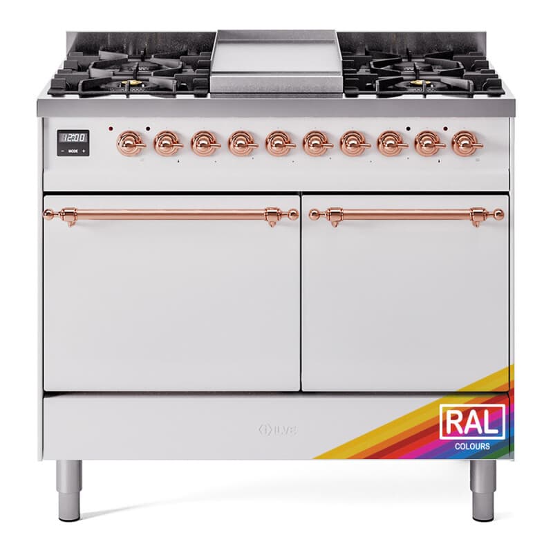 Nostalgie II 40 UPD40FQNMPRAP Freestanding Dual Fuel Range with 6 Sealed Burners with Griddle Double Oven with Solid Door with Copper knobs