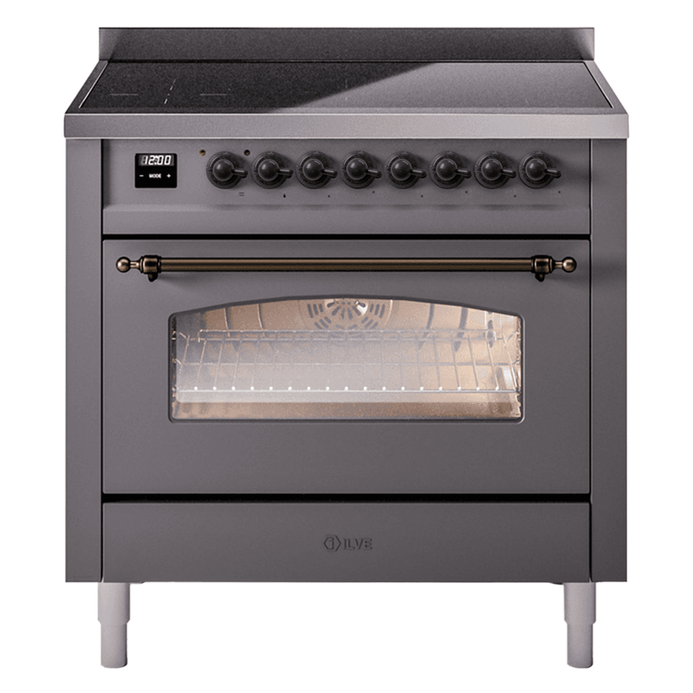 Nostalgie II Series 36 inch Freestanding Electric Induction Range with 6 Elements, Smoothtop Cooktop, 3.5 cu. ft. Total Oven Capacity, Convection Oven, Storage Drawer, with Bronze Trim