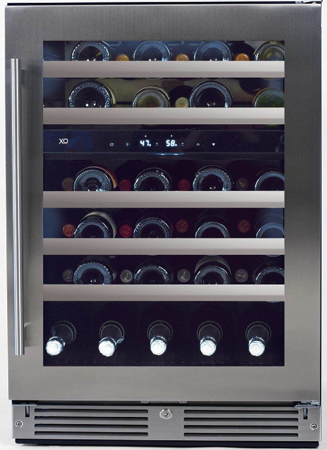 24 Inch Dual Zone Wine Cooler with Telescope Racks, Ideal Temperature, Tri Color Lighting, Flush Undercounter, Electronic Controls, X-Active Circulation, Low E Glass, Quiet Operation and for Commercial or Residential Settings